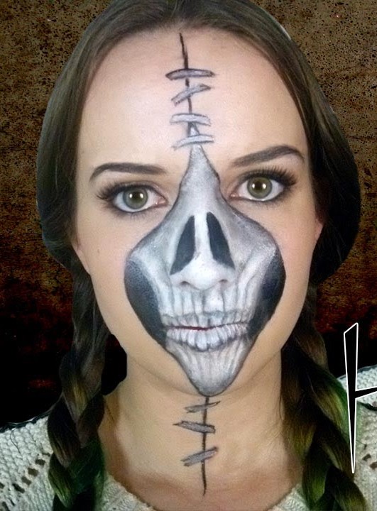 Half Stapled Skull Halloween Makeup