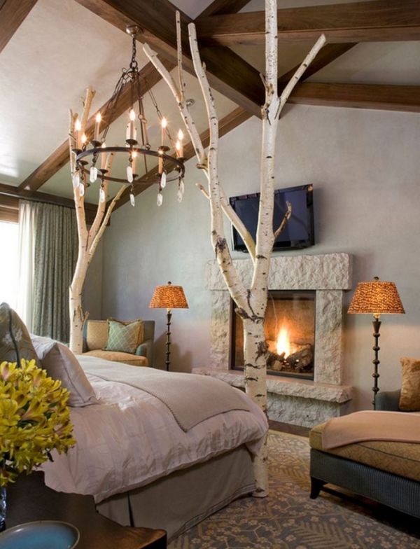 Rustic Bedroom With Tree Branches