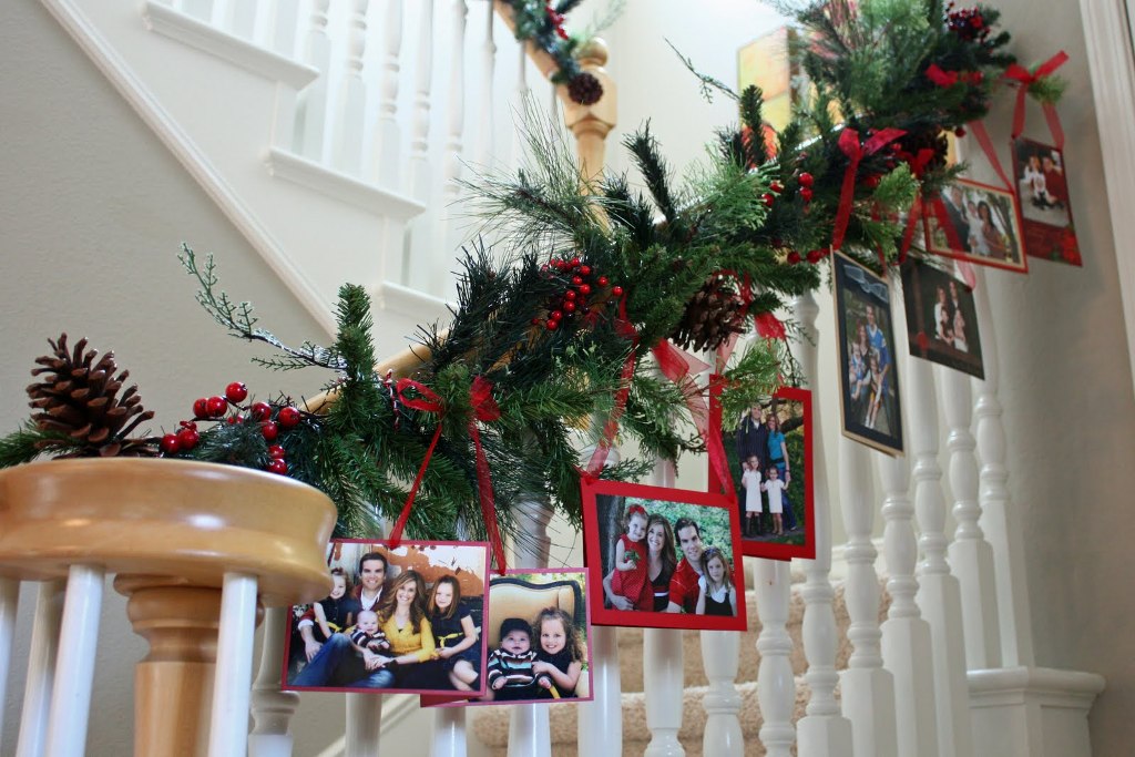 Staircase Decorated With Card and Photo Garland