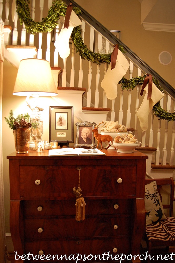 Staircase Decoration with Boxwood Garland