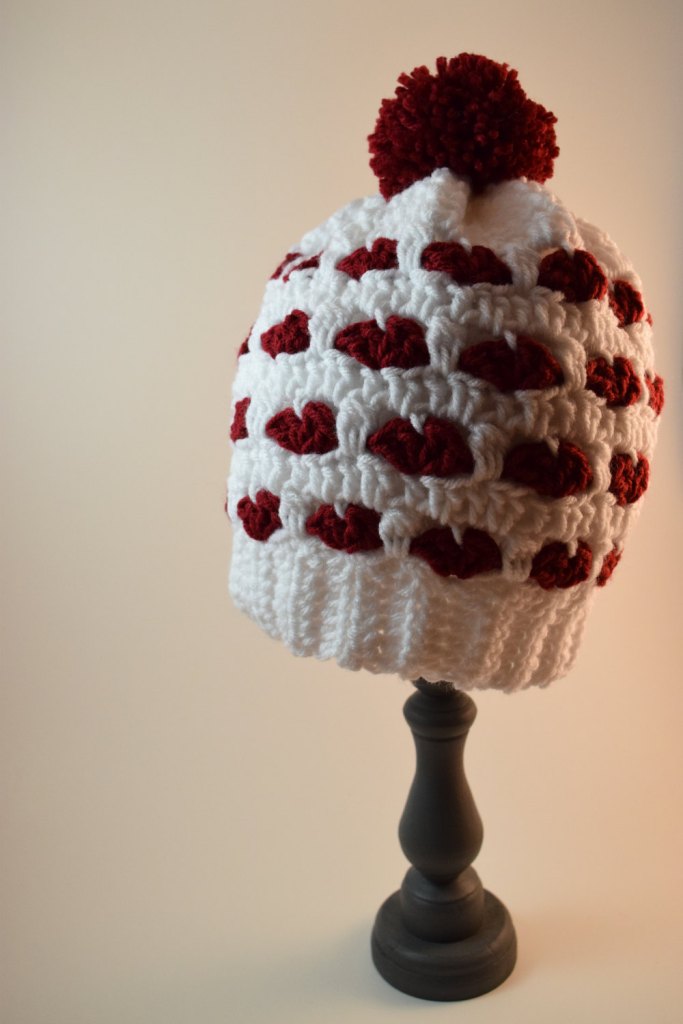 White and red heart slouchy beanie hat