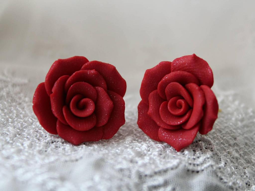 Deep Red Rose Stud Earrings