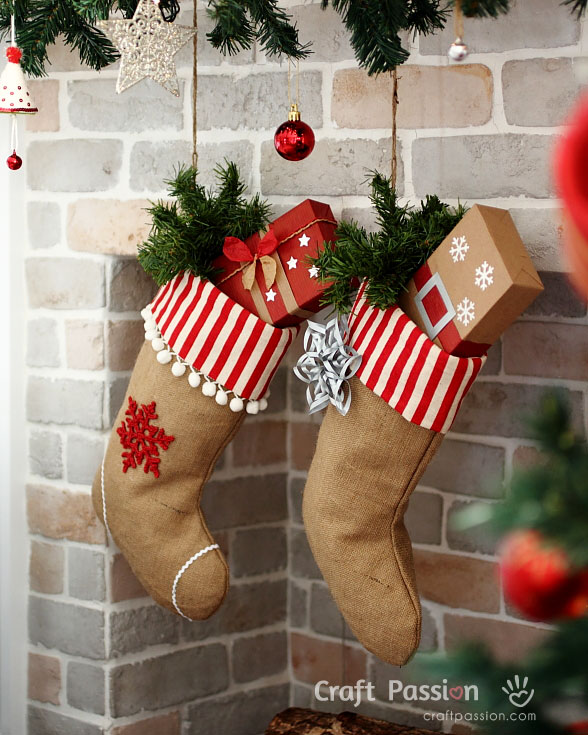 Red and White Burlap Christmas Stocking