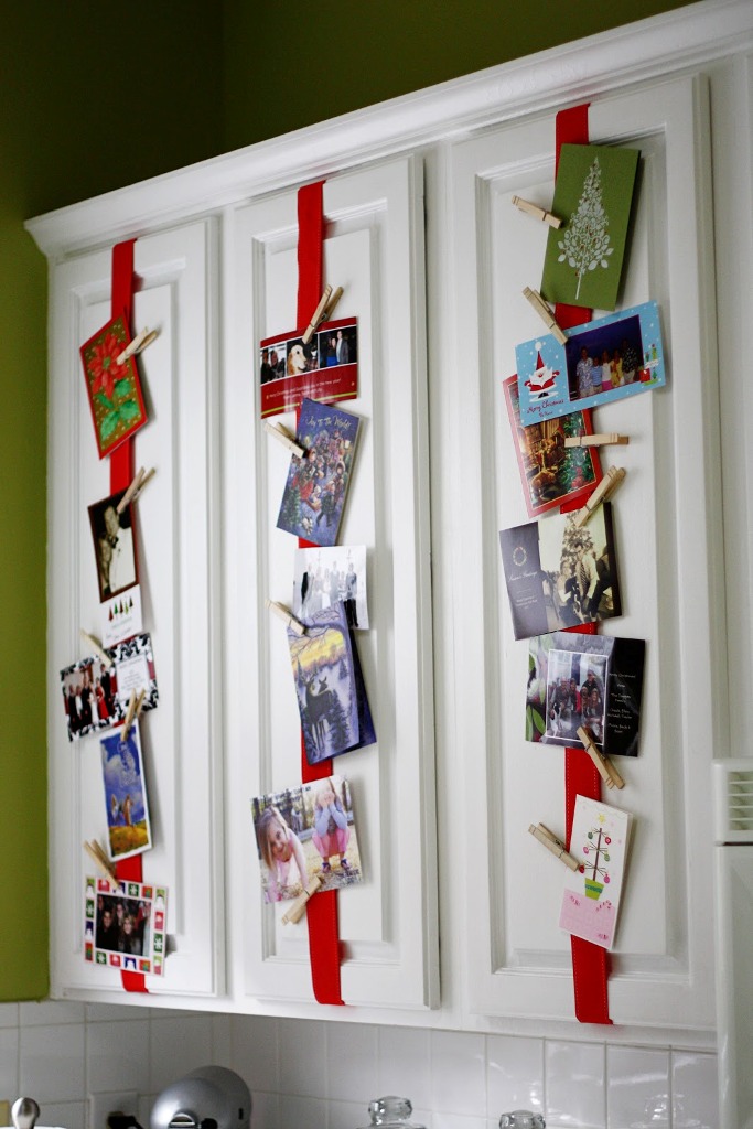 Christmas Card Display on Kitchen Cabinets