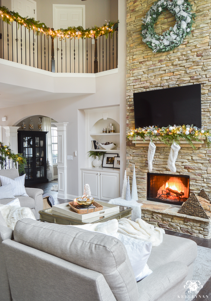Stacked Stone Christmas Fireplace