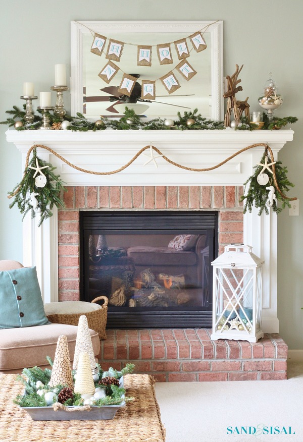 Coastal Christmas Fireplace Decor