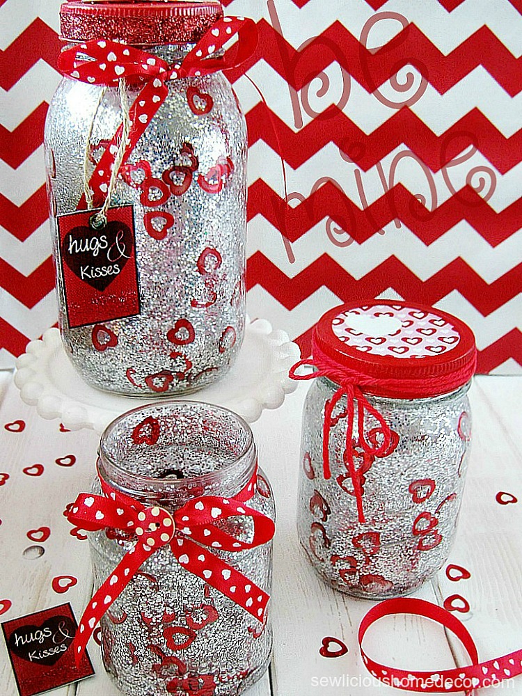 Red Valentine Jars with Glitter and Confetti